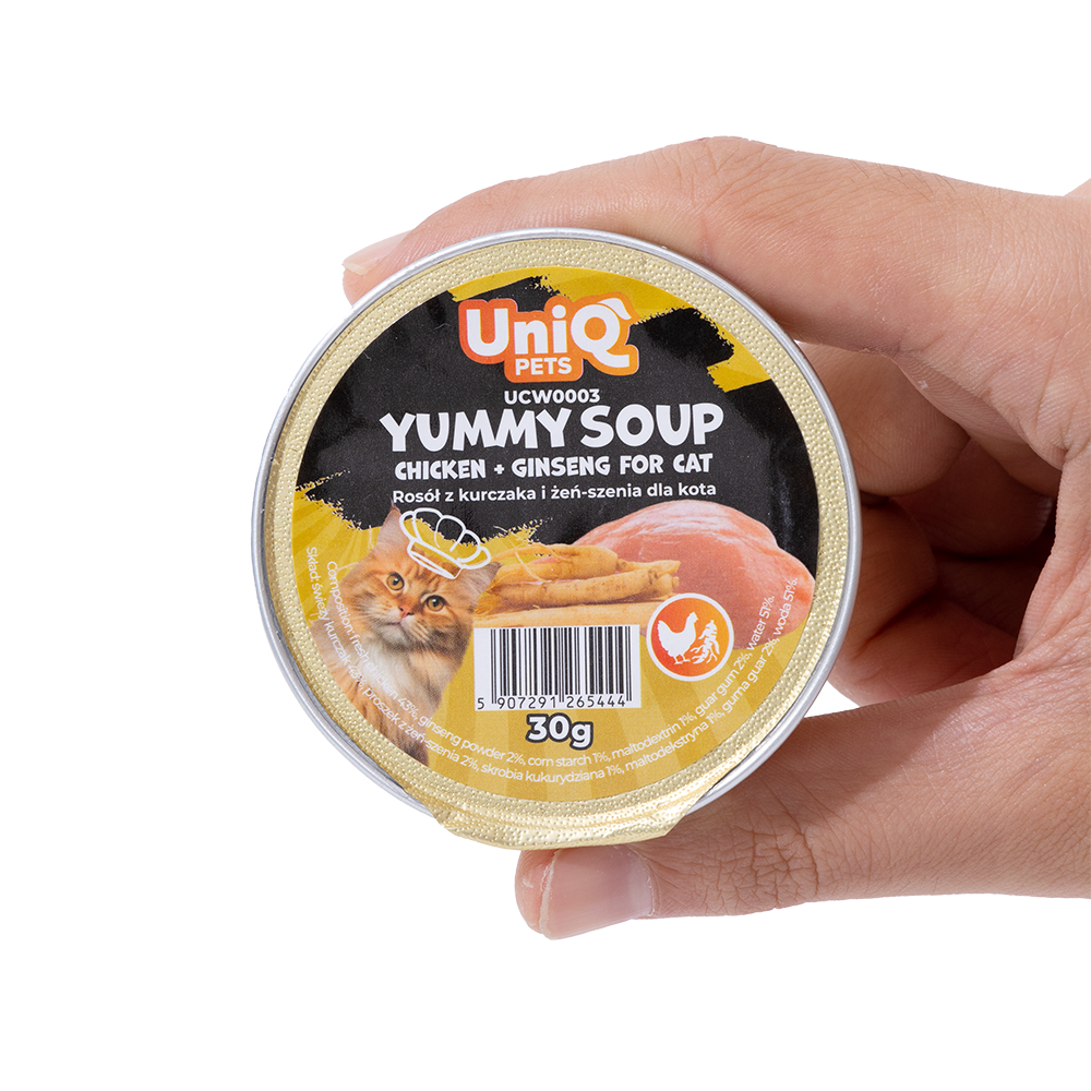 Uniq Pets Yummy Soup märgtoit kassile kanaribade ja ženšenniga 30g