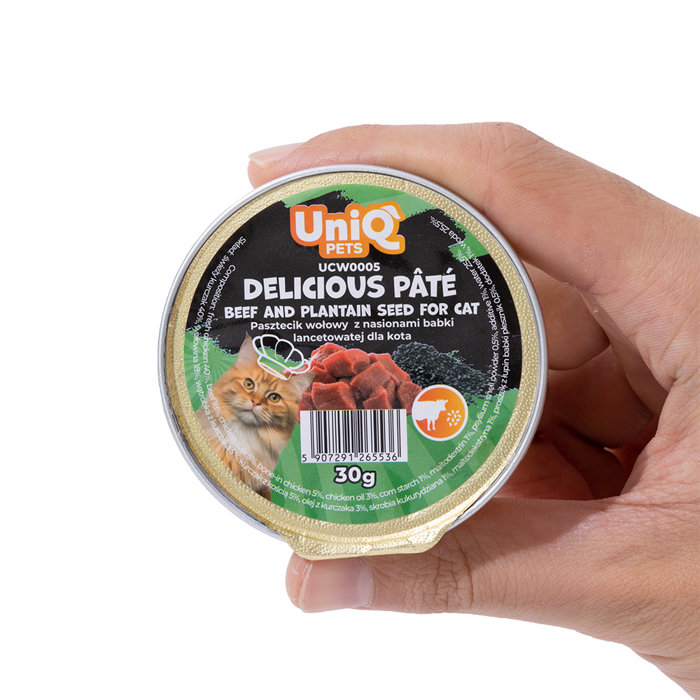 Uniq Pets Delicious Pâté märgtoit kassile veiselihaga ja psülliumiga 30g