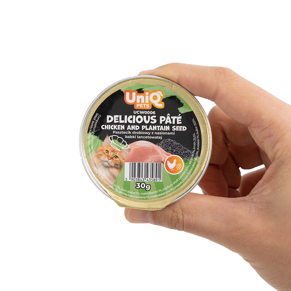 Uniq Pets Delicious Pâté märgtoit kassile kanaga ja psülliumiga 30g