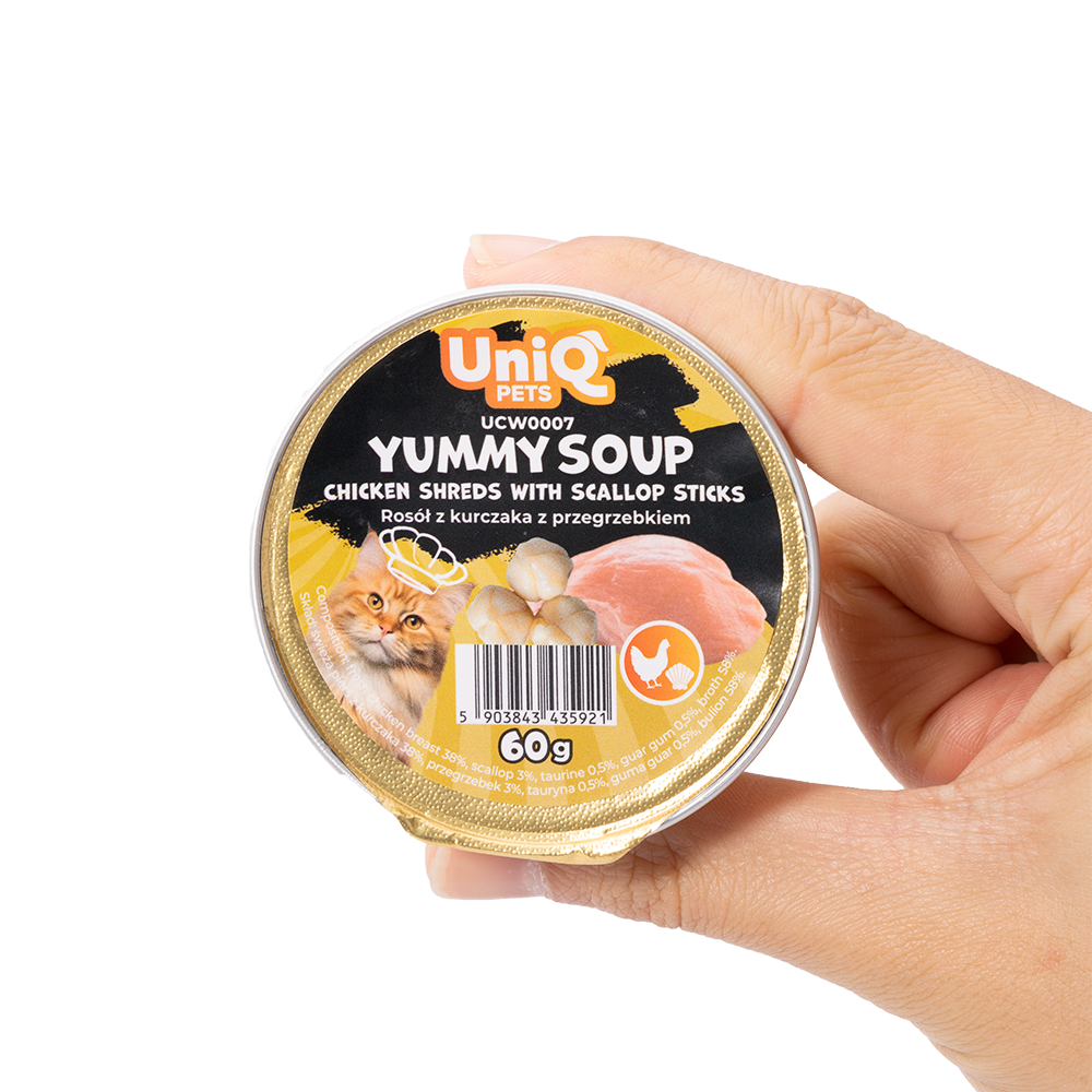 Uniq Pets Yummy Soup märgtoit kassile kanaribadega ja kammkarbiga 60g