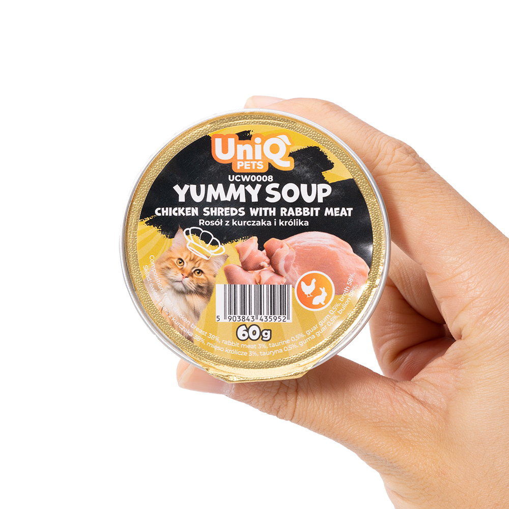 Uniq Pets Yummy Soup märgtoit kassile kanaribadega ja küülikulihaga 60g