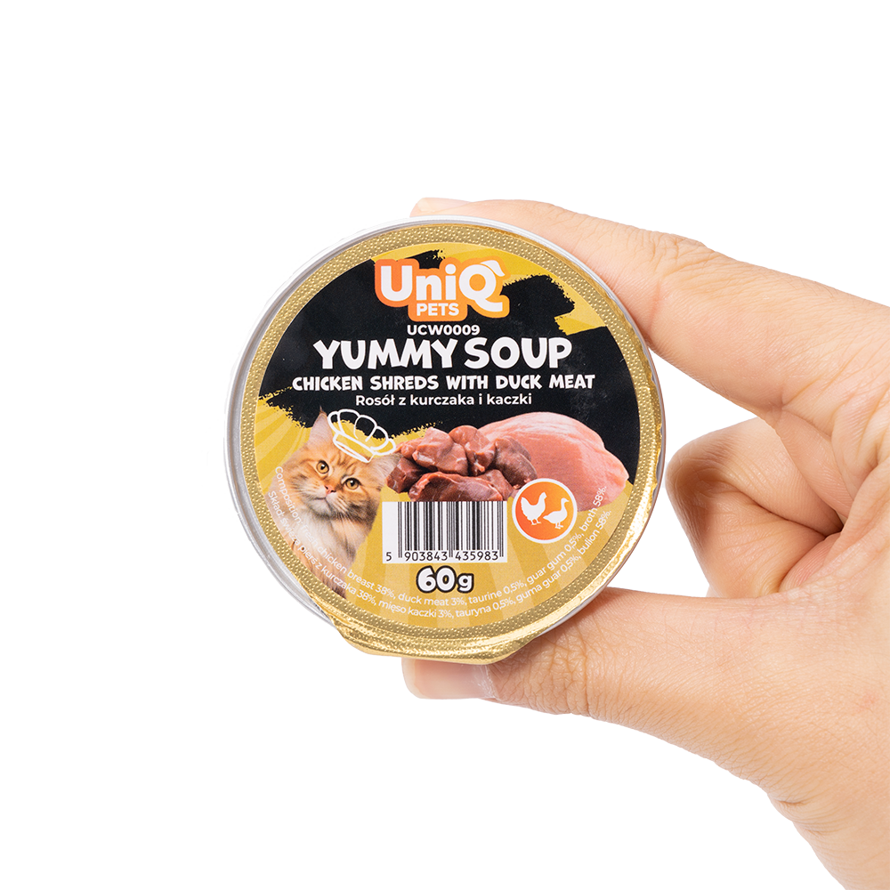 Uniq Pets Yummy Soup märgtoit kassile kanaribadega ja pardilihaga 60g